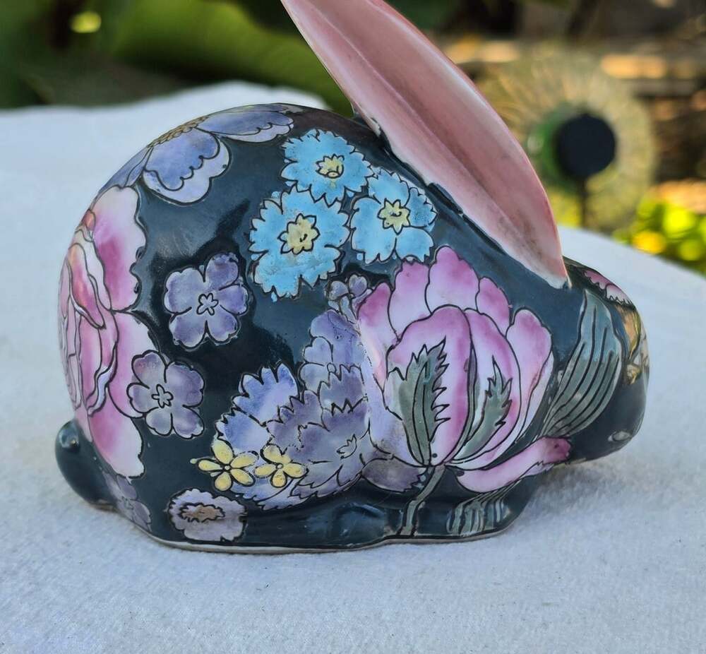 HFP Macau Hand Painted Porcelain Floral Bunny Rabbit Figurine